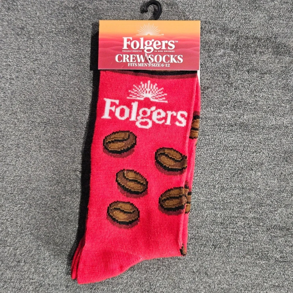 Folgers Coffee Bean Red Crew Socks Mens Size 6-12 Novelty Graphic